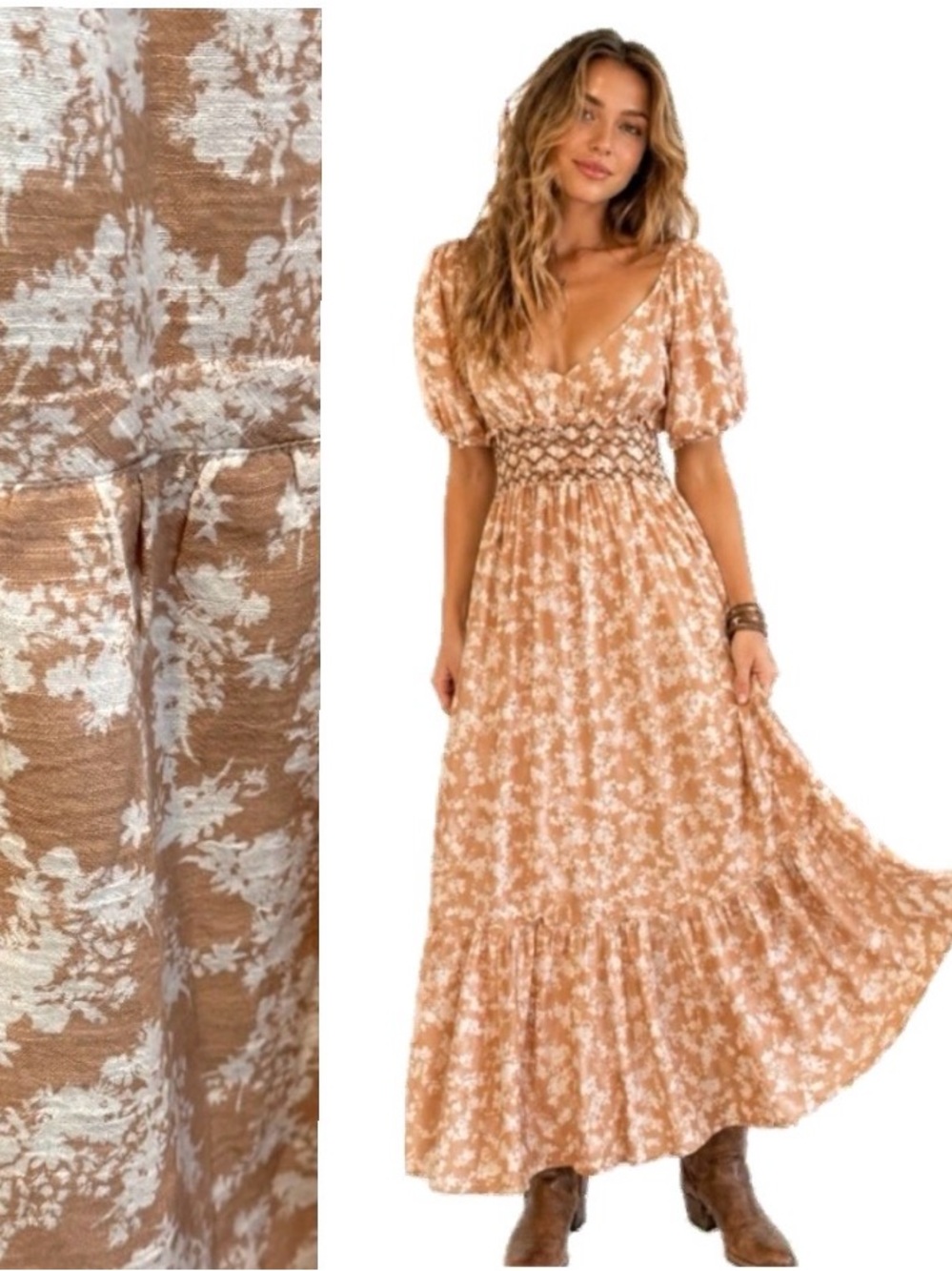 Free People,  Boho Floral Maxi Dress Smocked Waist 100% Cotton,  Size M EUC